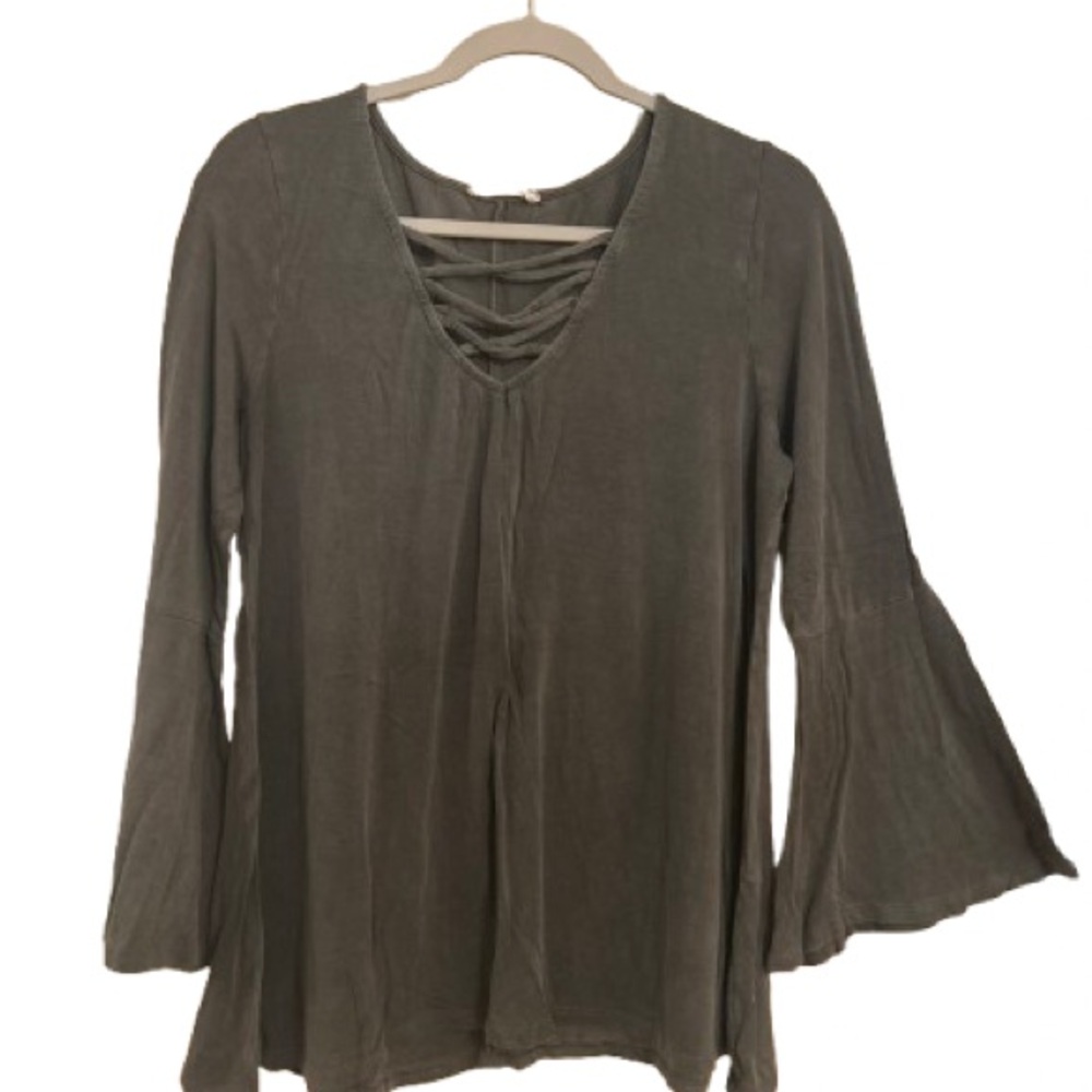 Entro Olive green Lace-Up Blouse with bell sleeves ladies L